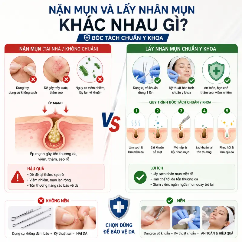 Nặn Mụn Và Lấy Nhân Mụn Khác Nhau Gì. Bóc Tách Chuẩn Y Khoa